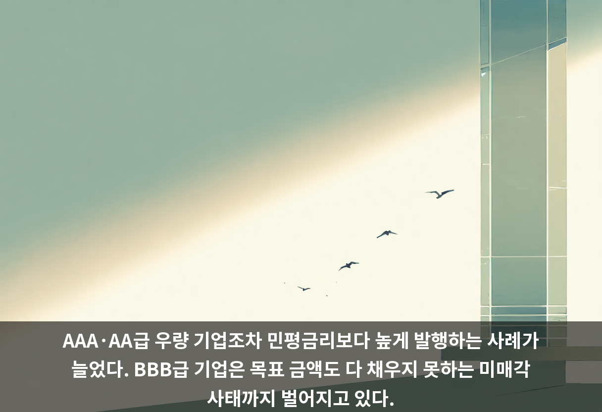 AAA·AA급 우량 기업조차 민평금리보다 높게 발행하는 사례가 늘었다. BBB급 기업은 목표 금액도 다 채우지 못하는 미매각 사태까지 벌어지고 있다.