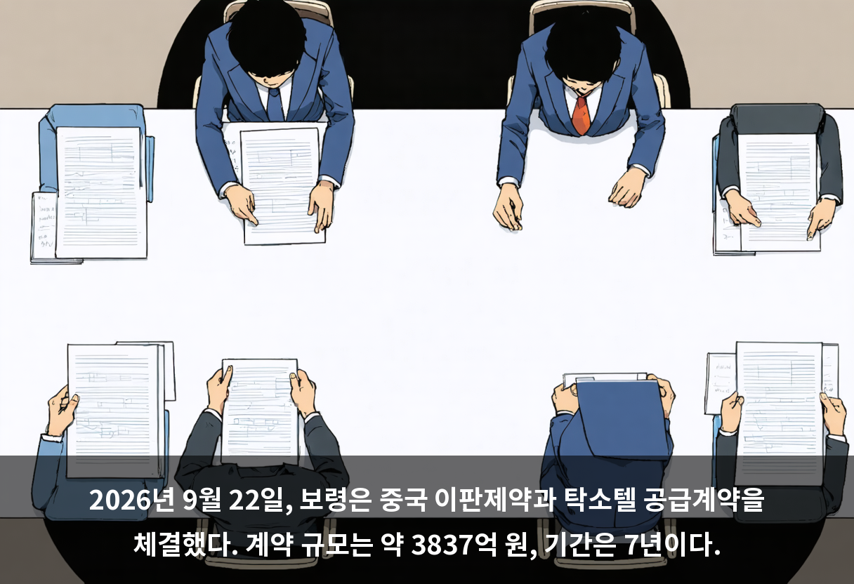 2026년 9월 22일, 보령은 중국 이판제약과 탁소텔 공급계약을 체결했다. 계약 규모는 약 3837억 원, 기간은 7년이다.