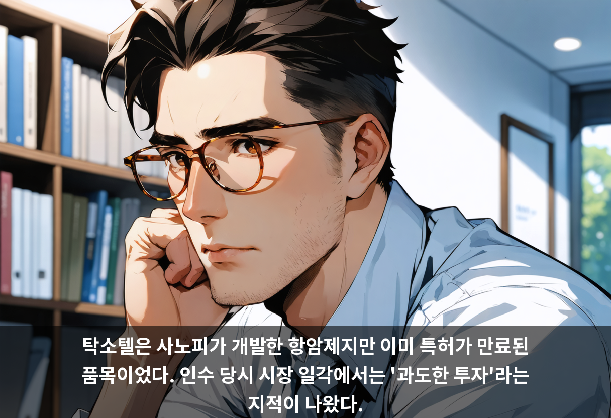 탁소텔은 사노피가 개발한 항암제지만 이미 특허가 만료된 품목이었다. 인수 당시 시장 일각에서는 '과도한 투자'라는 지적이 나왔다.