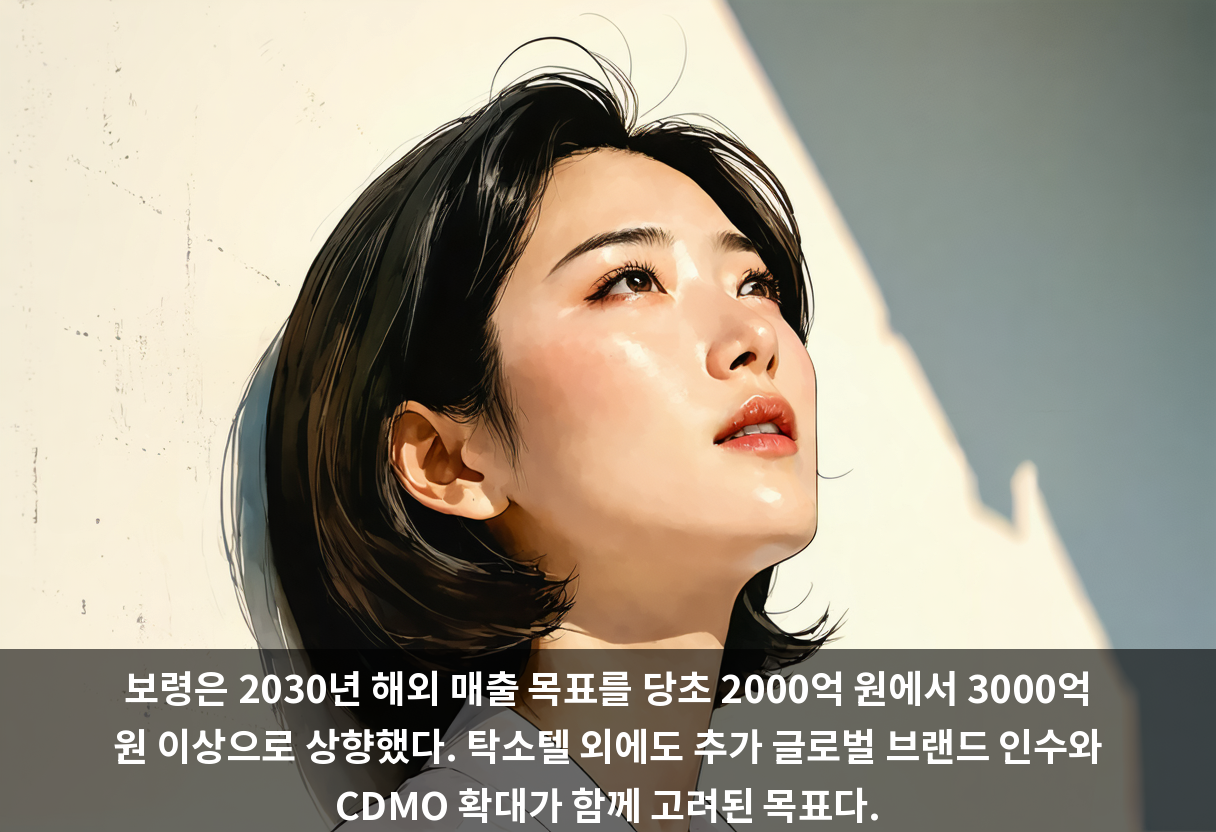보령은 2030년 해외 매출 목표를 당초 2000억 원에서 3000억 원 이상으로 상향했다. 탁소텔 외에도 추가 글로벌 브랜드 인수와 CDMO 확대가 함께 고려된 목표다.