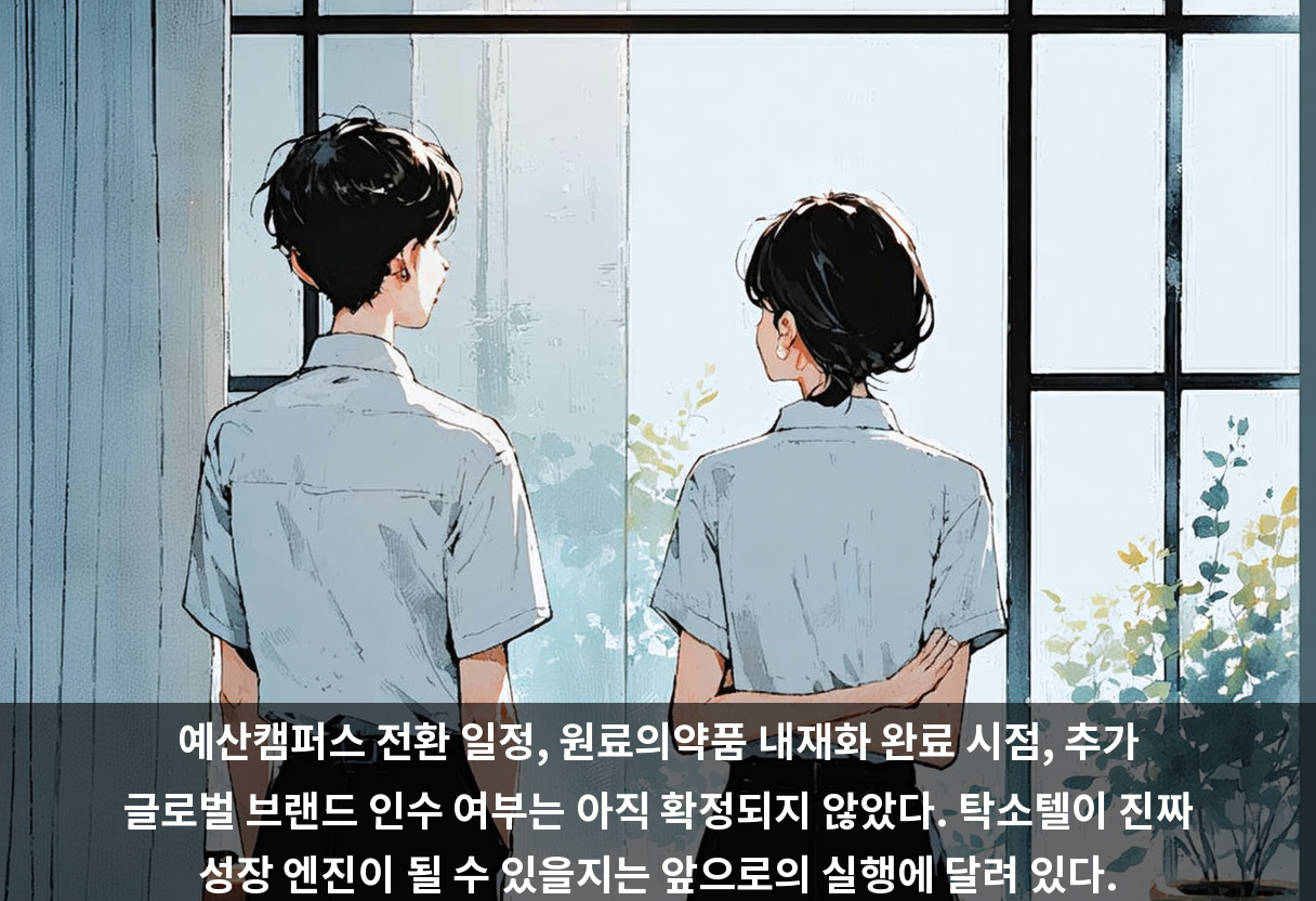 예산캠퍼스 전환 일정, 원료의약품 내재화 완료 시점, 추가 글로벌 브랜드 인수 여부는 아직 확정되지 않았다. 탁소텔이 진짜 성장 엔진이 될 수 있을지는 앞으로의 실행에 달려 있다.