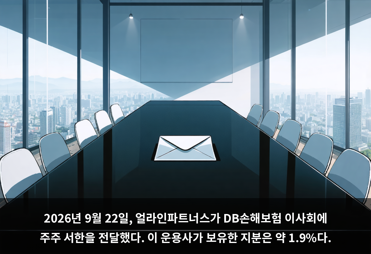 2026년 9월 22일, 얼라인파트너스가 DB손해보험 이사회에 주주 서한을 전달했다. 이 운용사가 보유한 지분은 약 1.9%다.