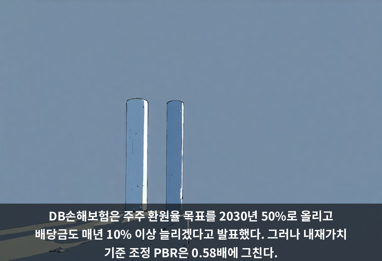 DB손해보험은 주주 환원율 목표를 2030년 50%로 올리고 배당금도 매년 10% 이상 늘리겠다고 발표했다. 그러나 내재가치 기준 조정 PBR은 0.58배에 그친다.