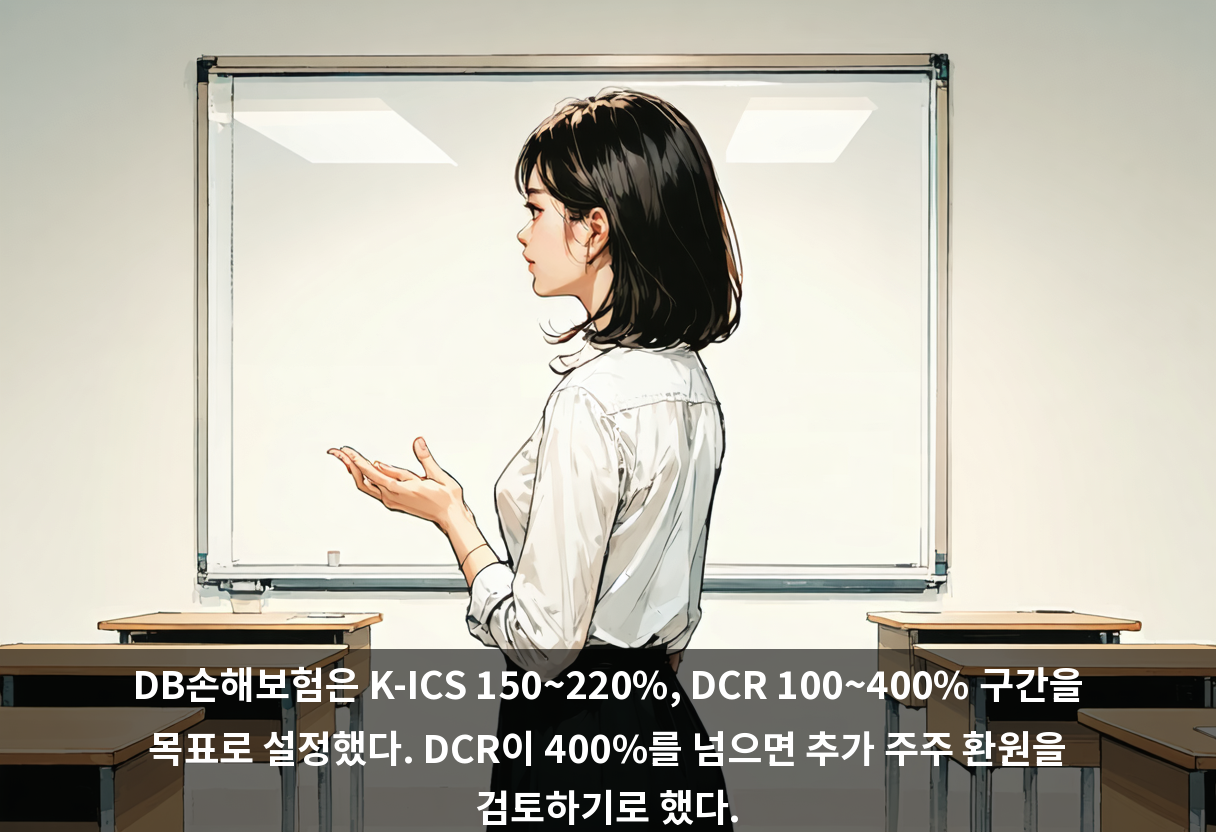 DB손해보험은 K-ICS 150~220%, DCR 100~400% 구간을 목표로 설정했다. DCR이 400%를 넘으면 추가 주주 환원을 검토하기로 했다.