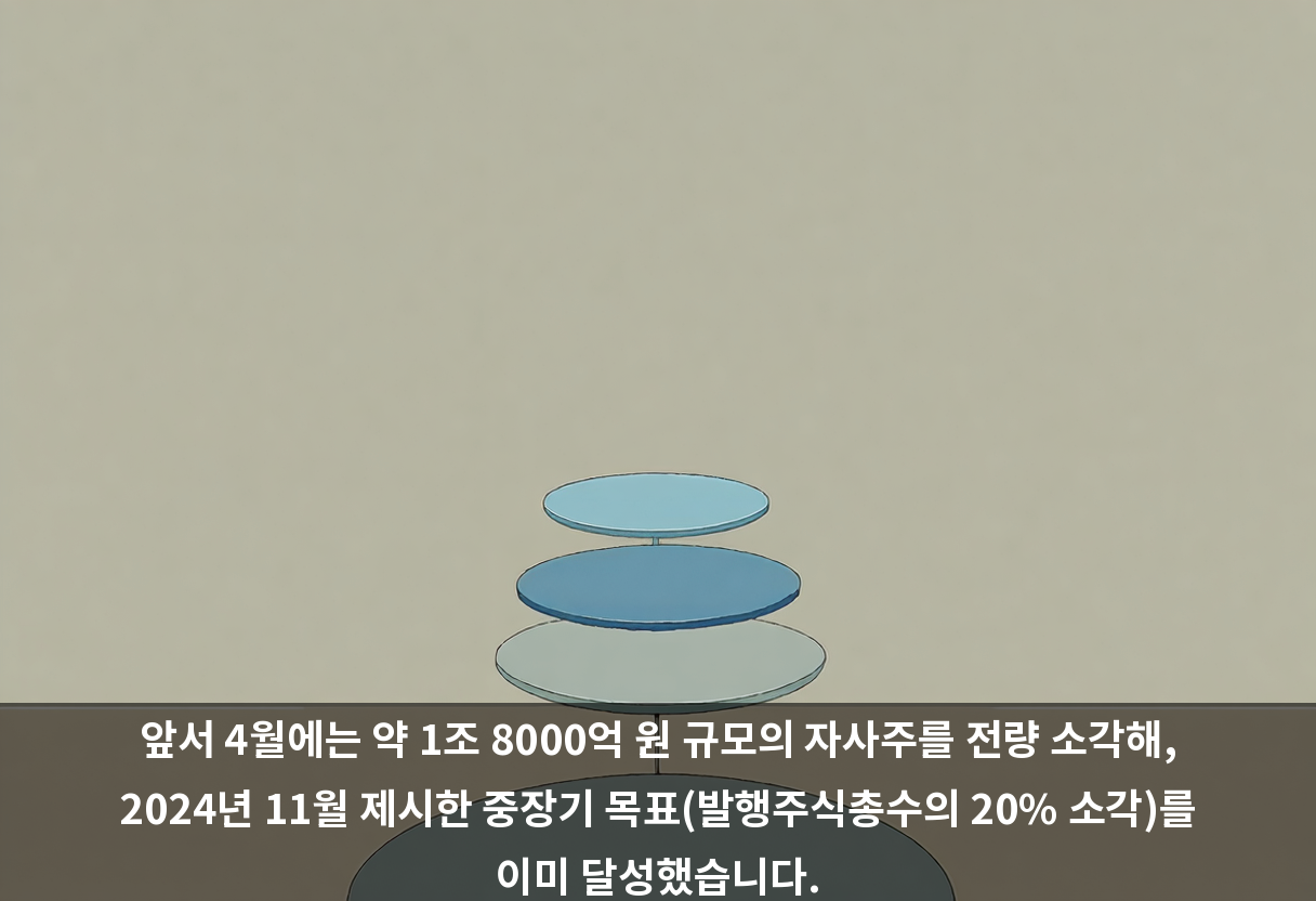앞서 4월에는 약 1조 8000억 원 규모의 자사주를 전량 소각해, 2024년 11월 제시한 중장기 목표(발행주식총수의 20% 소각)를 이미 달성했습니다.