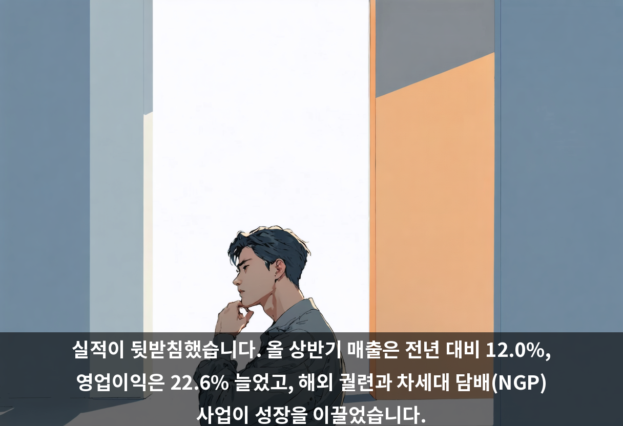실적이 뒷받침했습니다. 올 상반기 매출은 전년 대비 12.0%, 영업이익은 22.6% 늘었고, 해외 궐련과 차세대 담배(NGP) 사업이 성장을 이끌었습니다.