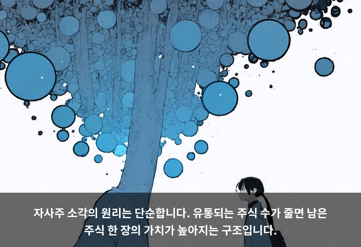 자사주 소각의 원리는 단순합니다. 유통되는 주식 수가 줄면 남은 주식 한 장의 가치가 높아지는 구조입니다.
