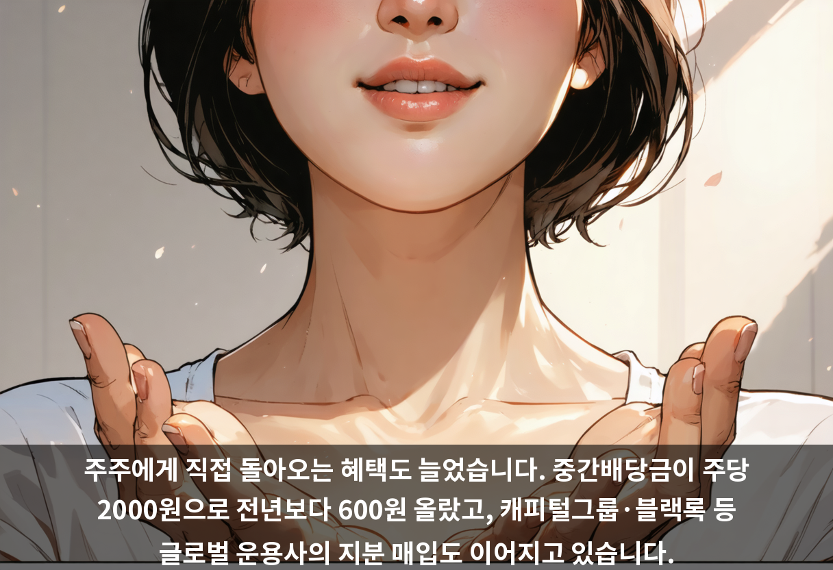 주주에게 직접 돌아오는 혜택도 늘었습니다. 중간배당금이 주당 2000원으로 전년보다 600원 올랐고, 캐피털그룹·블랙록 등 글로벌 운용사의 지분 매입도 이어지고 있습니다.