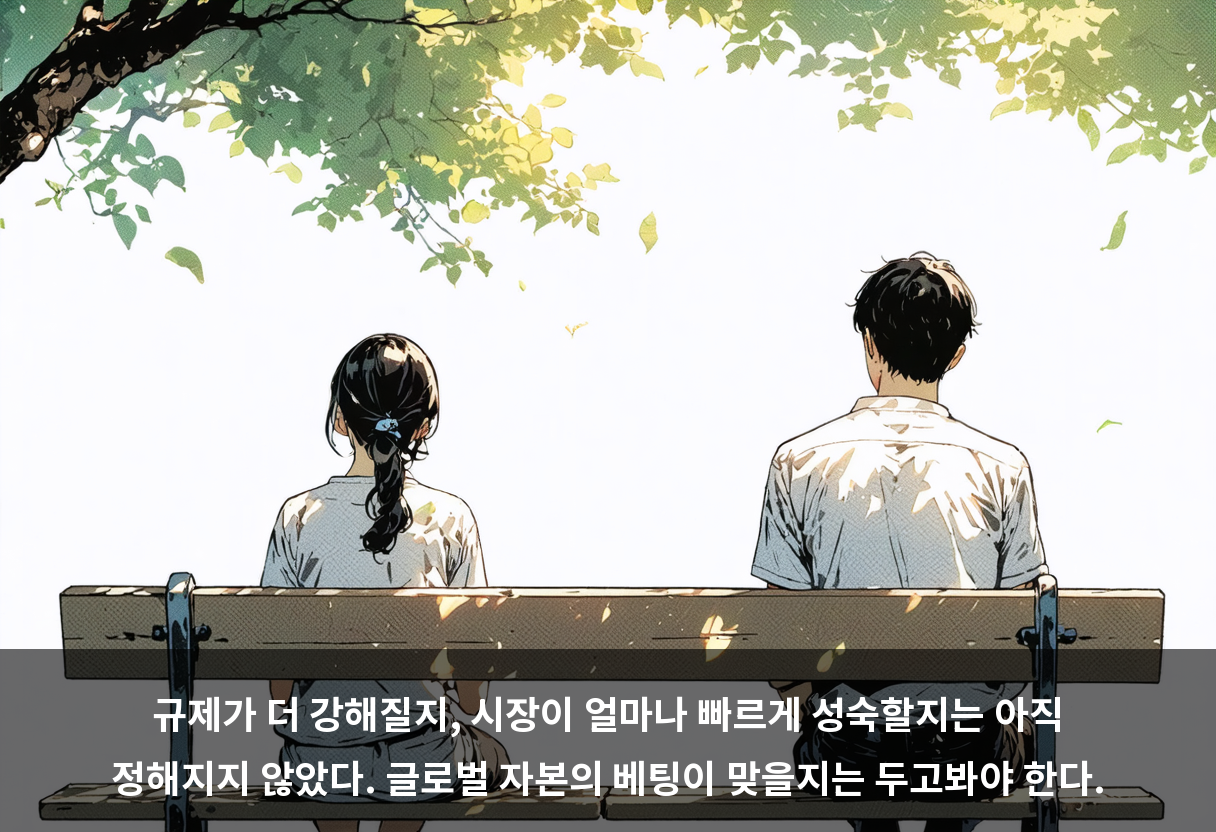 규제가 더 강해질지, 시장이 얼마나 빠르게 성숙할지는 아직 정해지지 않았다. 글로벌 자본의 베팅이 맞을지는 두고봐야 한다.