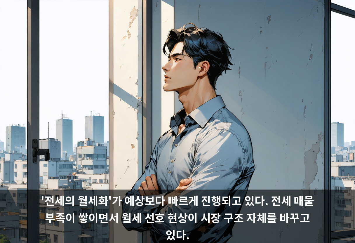 '전세의 월세화'가 예상보다 빠르게 진행되고 있다. 전세 매물 부족이 쌓이면서 월세 선호 현상이 시장 구조 자체를 바꾸고 있다.