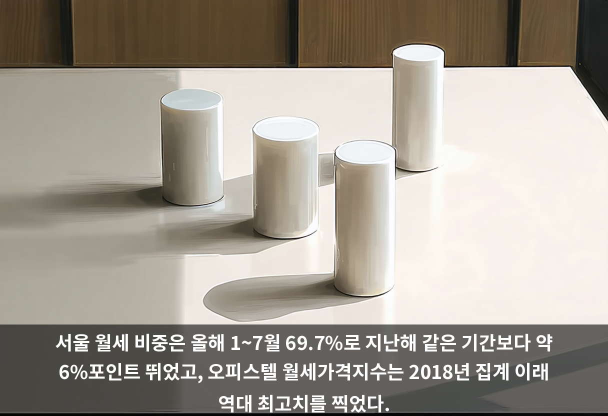 서울 월세 비중은 올해 1~7월 69.7%로 지난해 같은 기간보다 약 6%포인트 뛰었고, 오피스텔 월세가격지수는 2018년 집계 이래 역대 최고치를 찍었다.
