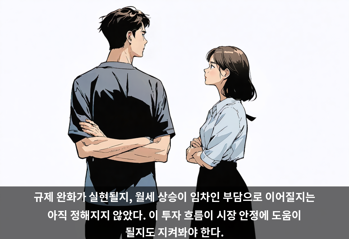 규제 완화가 실현될지, 월세 상승이 임차인 부담으로 이어질지는 아직 정해지지 않았다. 이 투자 흐름이 시장 안정에 도움이 될지도 지켜봐야 한다.