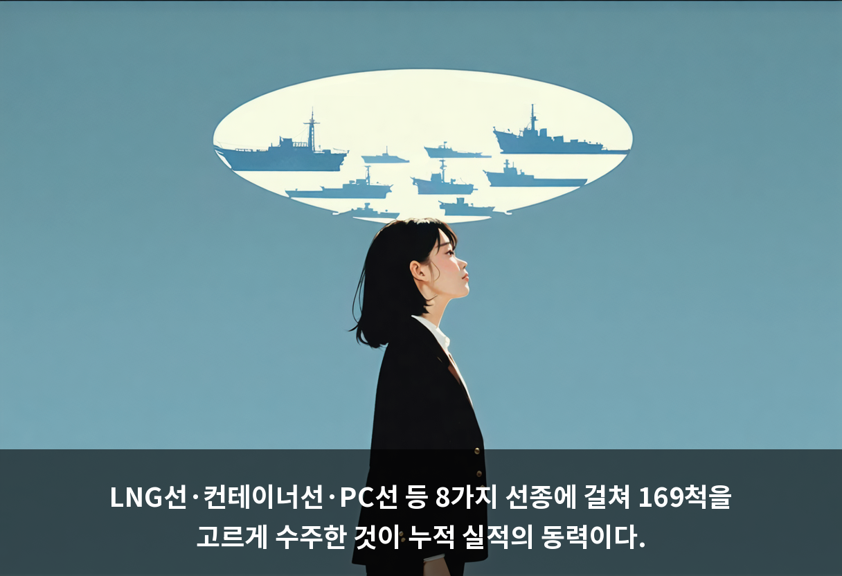 LNG선·컨테이너선·PC선 등 8가지 선종에 걸쳐 169척을 고르게 수주한 것이 누적 실적의 동력이다.