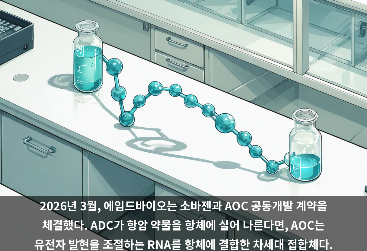 2026년 3월, 에임드바이오는 소바젠과 AOC 공동개발 계약을 체결했다. ADC가 항암 약물을 항체에 실어 나른다면, AOC는 유전자 발현을 조절하는 RNA를 항체에 결합한 차세대 접합체다.