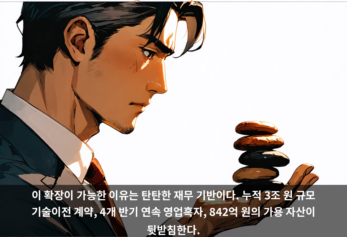 이 확장이 가능한 이유는 탄탄한 재무 기반이다. 누적 3조 원 규모 기술이전 계약, 4개 반기 연속 영업흑자, 842억 원의 가용 자산이 뒷받침한다.