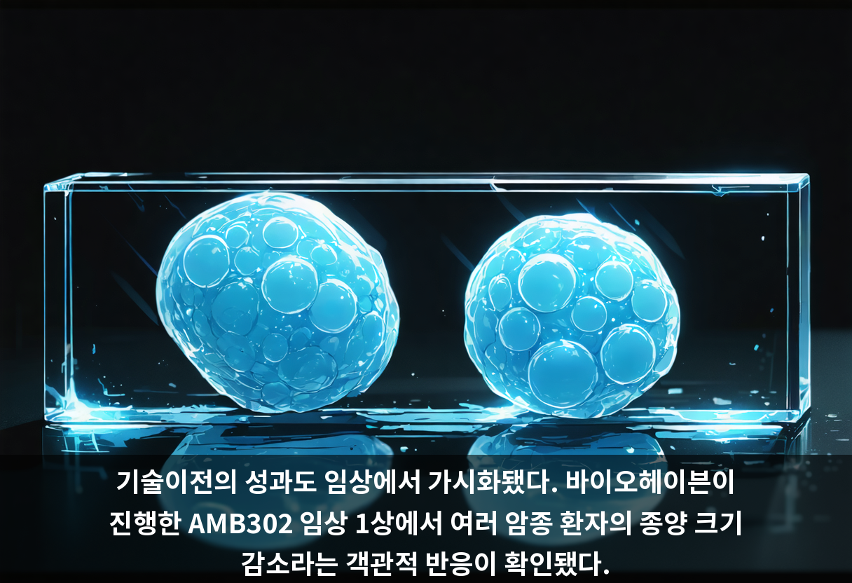 기술이전의 성과도 임상에서 가시화됐다. 바이오헤이븐이 진행한 AMB302 임상 1상에서 여러 암종 환자의 종양 크기 감소라는 객관적 반응이 확인됐다.