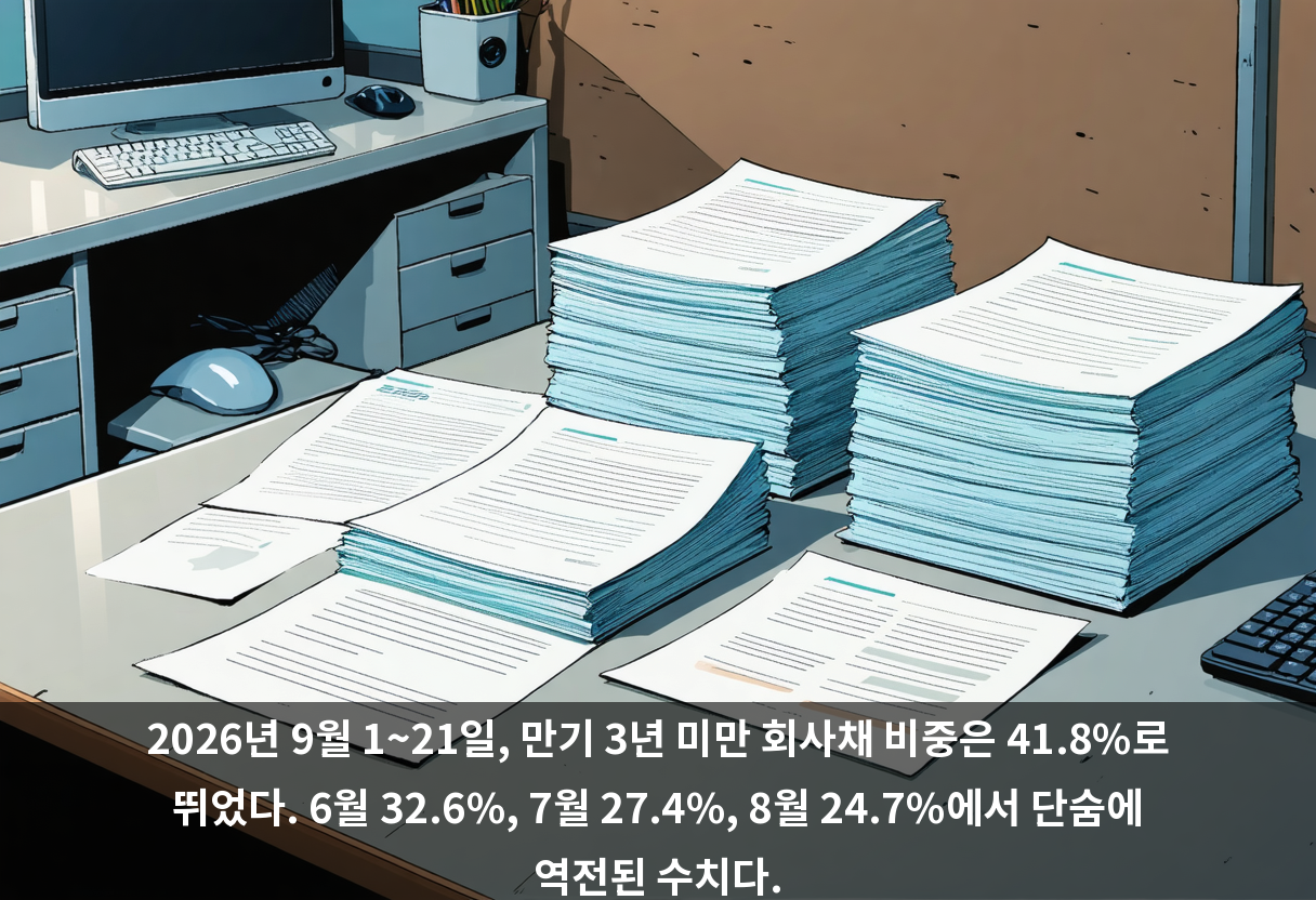 2026년 9월 1~21일, 만기 3년 미만 회사채 비중은 41.8%로 뛰었다. 6월 32.6%, 7월 27.4%, 8월 24.7%에서 단숨에 역전된 수치다.