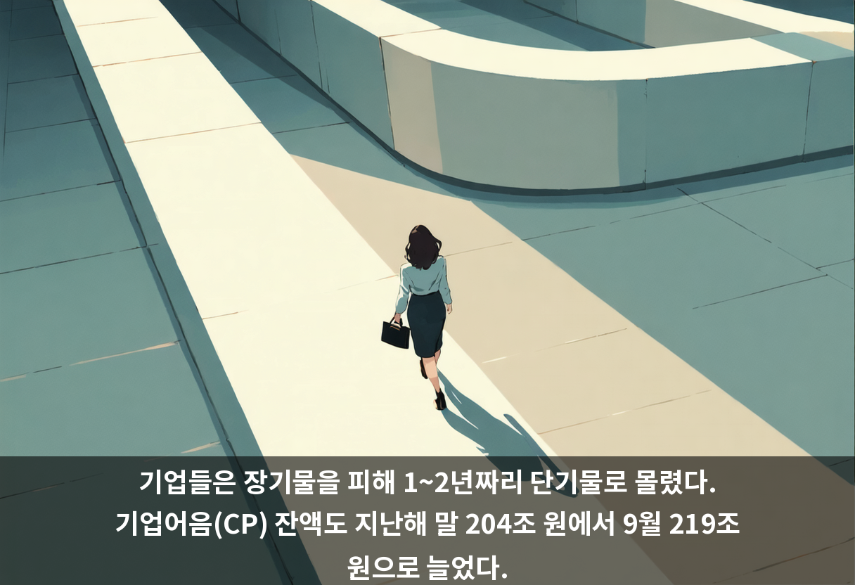 기업들은 장기물을 피해 1~2년짜리 단기물로 몰렸다. 기업어음(CP) 잔액도 지난해 말 204조 원에서 9월 219조 원으로 늘었다.