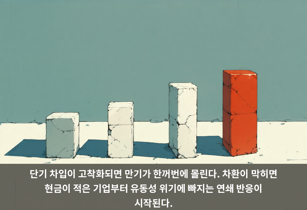 단기 차입이 고착화되면 만기가 한꺼번에 몰린다. 차환이 막히면 현금이 적은 기업부터 유동성 위기에 빠지는 연쇄 반응이 시작된다.
