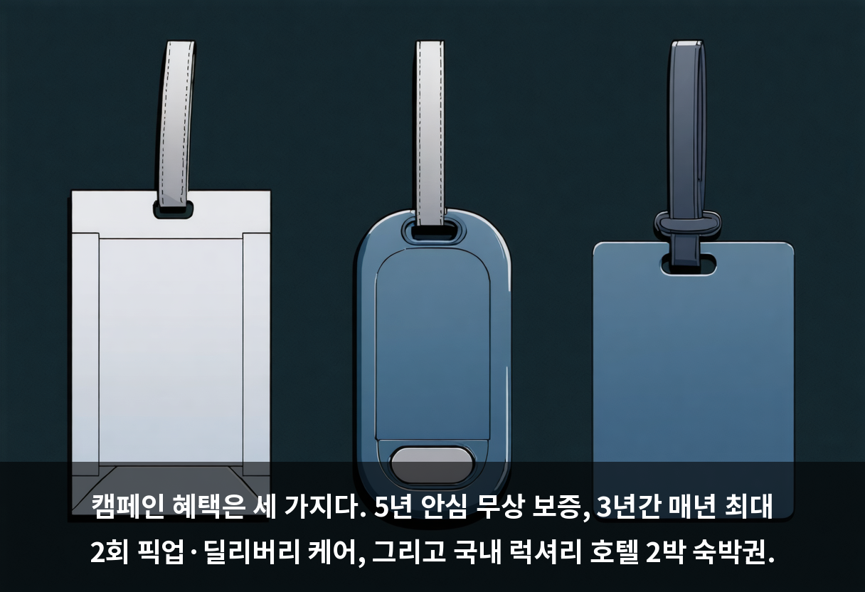 캠페인 혜택은 세 가지다. 5년 안심 무상 보증, 3년간 매년 최대 2회 픽업·딜리버리 케어, 그리고 국내 럭셔리 호텔 2박 숙박권.