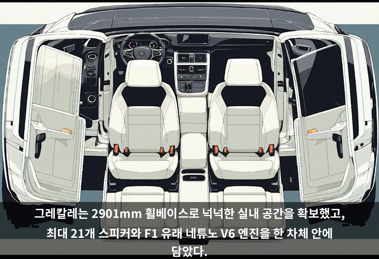 그레칼레는 2901mm 휠베이스로 넉넉한 실내 공간을 확보했고, 최대 21개 스피커와 F1 유래 네튜노 V6 엔진을 한 차체 안에 담았다.