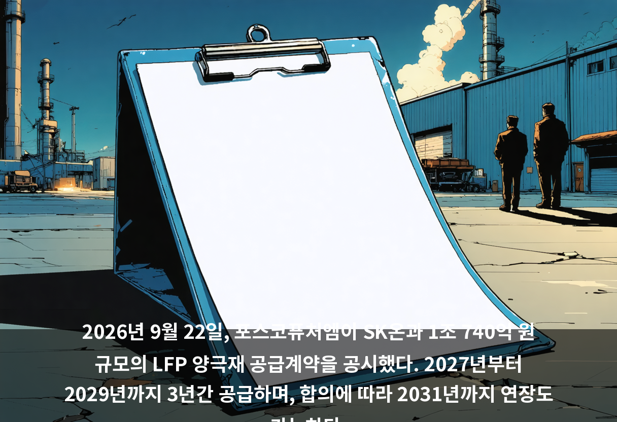 2026년 9월 22일, 포스코퓨처엠이 SK온과 1조 740억 원 규모의 LFP 양극재 공급계약을 공시했다. 2027년부터 2029년까지 3년간 공급하며, 합의에 따라 2031년까지 연장도 가능하다.