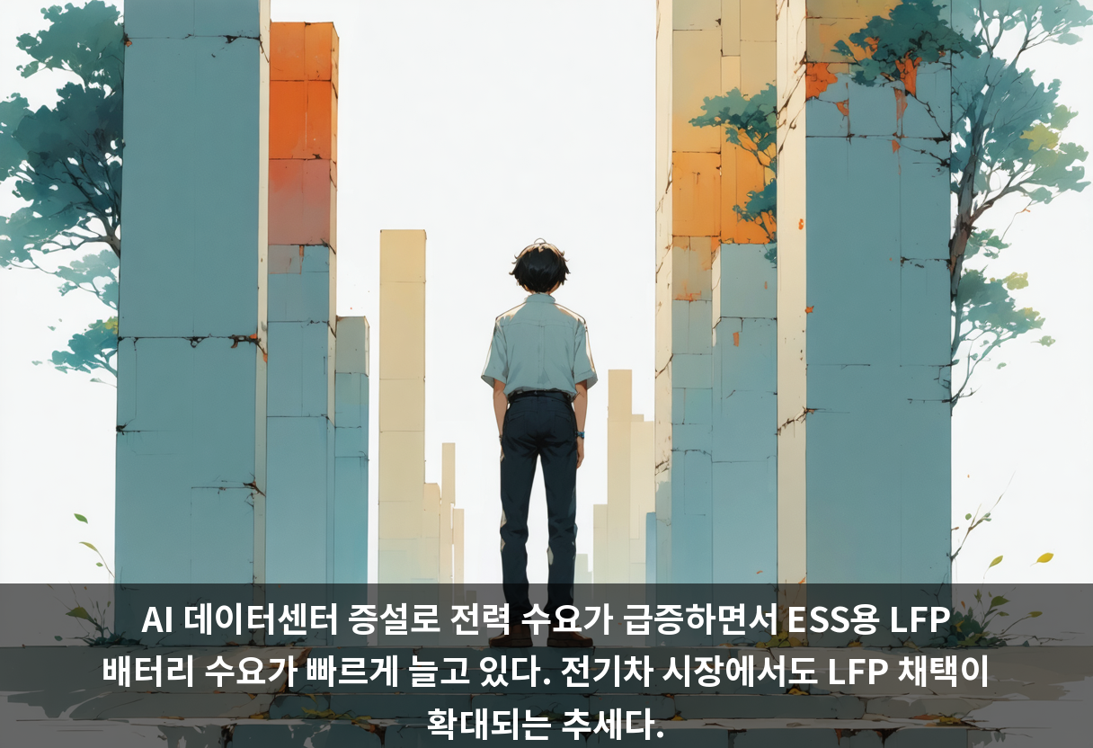 AI 데이터센터 증설로 전력 수요가 급증하면서 ESS용 LFP 배터리 수요가 빠르게 늘고 있다. 전기차 시장에서도 LFP 채택이 확대되는 추세다.