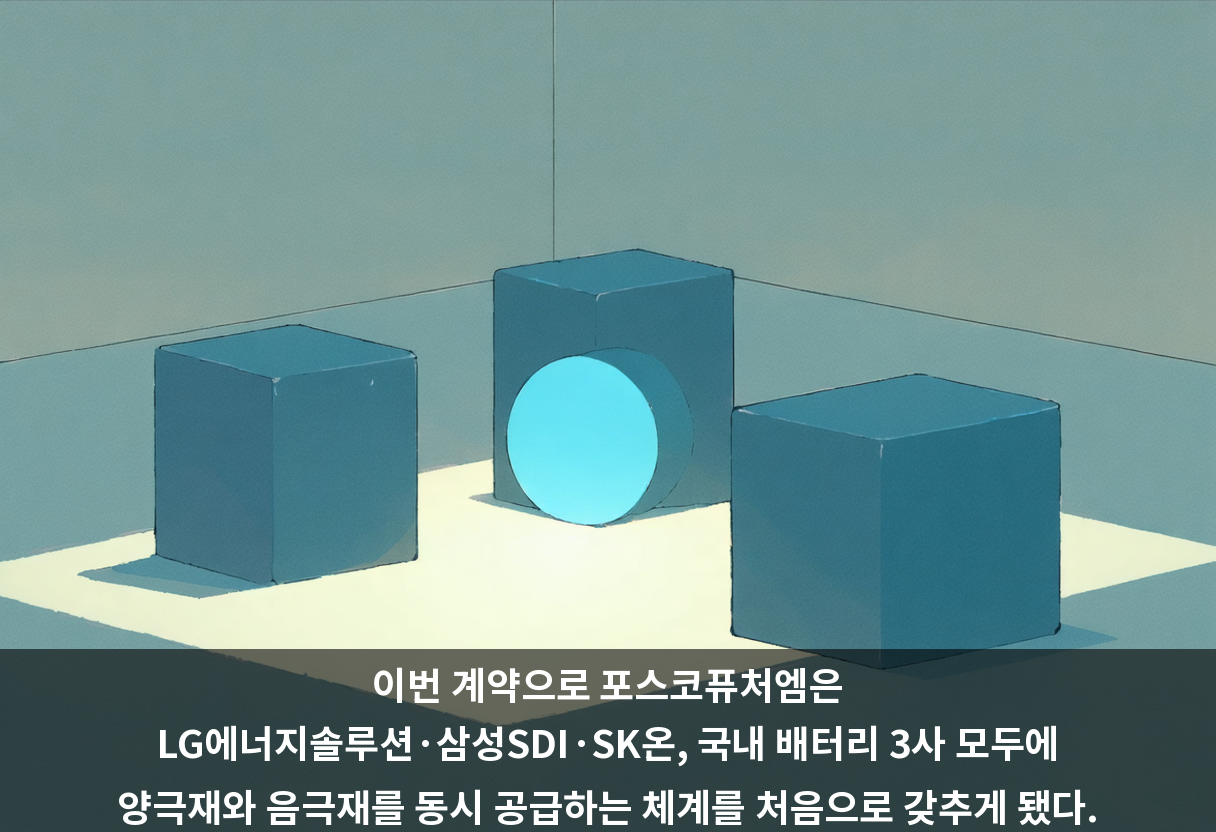 이번 계약으로 포스코퓨처엠은 LG에너지솔루션·삼성SDI·SK온, 국내 배터리 3사 모두에 양극재와 음극재를 동시 공급하는 체계를 처음으로 갖추게 됐다.