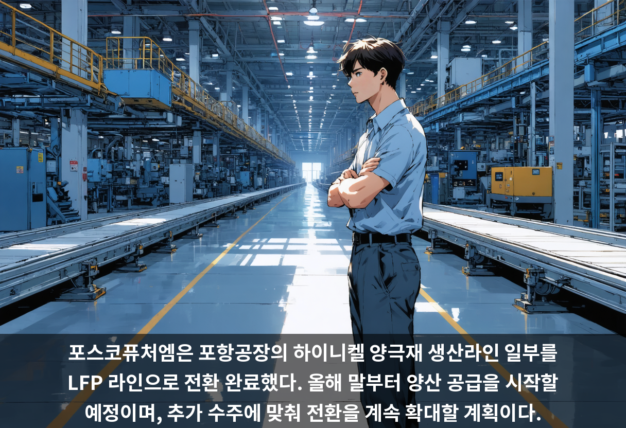 포스코퓨처엠은 포항공장의 하이니켈 양극재 생산라인 일부를 LFP 라인으로 전환 완료했다. 올해 말부터 양산 공급을 시작할 예정이며, 추가 수주에 맞춰 전환을 계속 확대할 계획이다.
