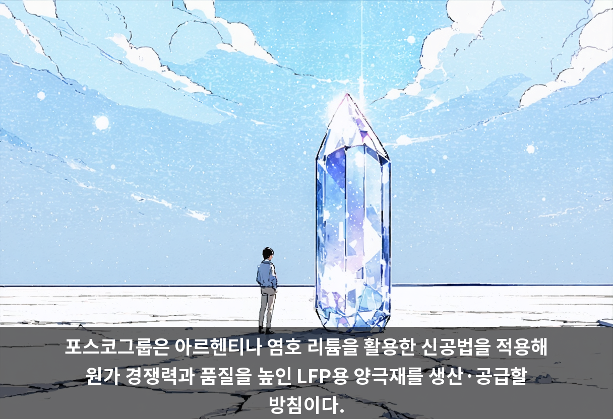 포스코그룹은 아르헨티나 염호 리튬을 활용한 신공법을 적용해 원가 경쟁력과 품질을 높인 LFP용 양극재를 생산·공급할 방침이다.