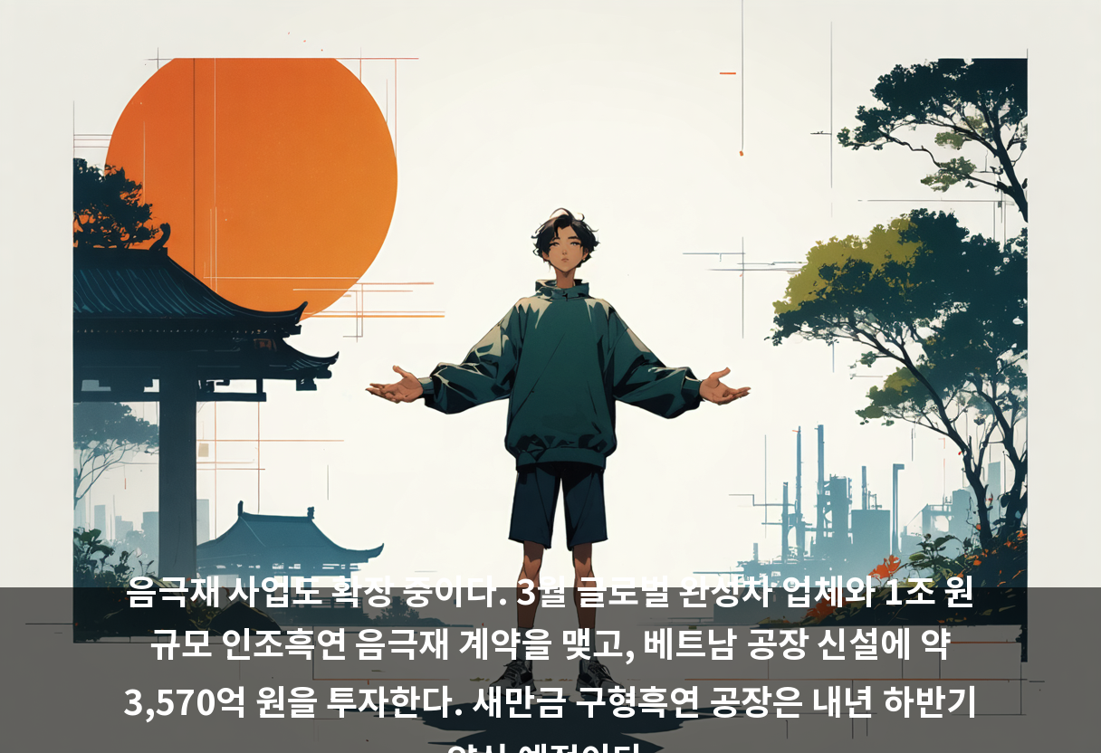 음극재 사업도 확장 중이다. 3월 글로벌 완성차 업체와 1조 원 규모 인조흑연 음극재 계약을 맺고, 베트남 공장 신설에 약 3,570억 원을 투자한다. 새만금 구형흑연 공장은 내년 하반기 양산 예정이다.
