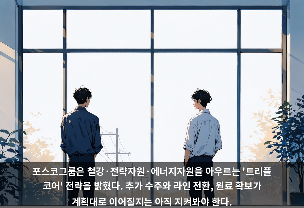 포스코그룹은 철강·전략자원·에너지자원을 아우르는 '트리플 코어' 전략을 밝혔다. 추가 수주와 라인 전환, 원료 확보가 계획대로 이어질지는 아직 지켜봐야 한다.
