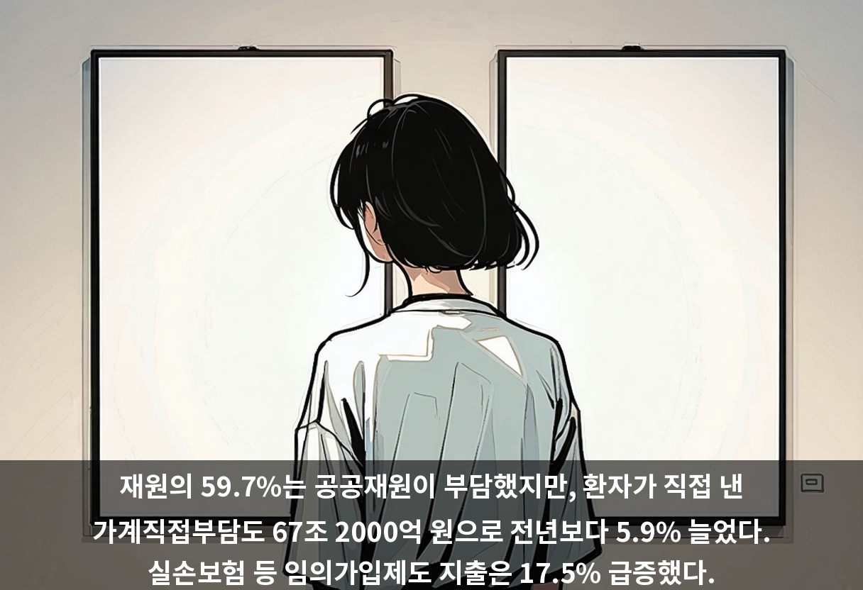 재원의 59.7%는 공공재원이 부담했지만, 환자가 직접 낸 가계직접부담도 67조 2000억 원으로 전년보다 5.9% 늘었다. 실손보험 등 임의가입제도 지출은 17.5% 급증했다.