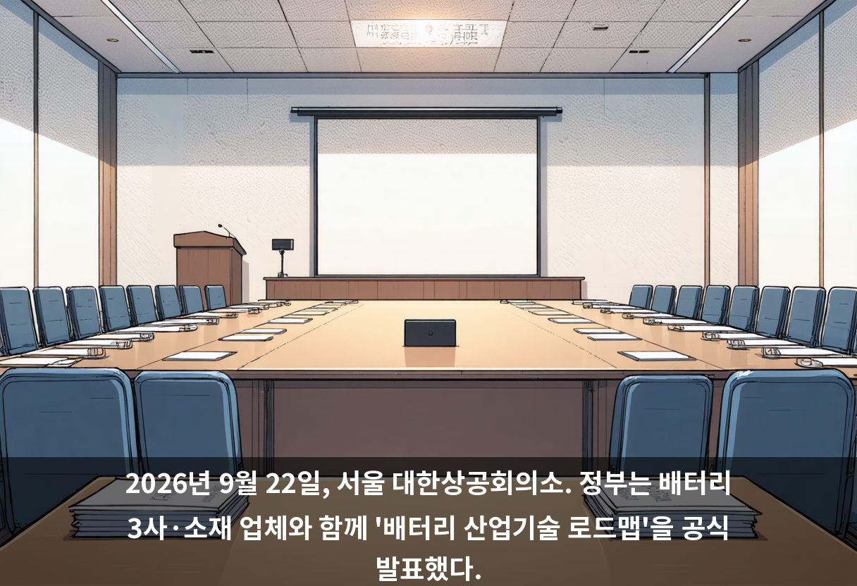 2026년 9월 22일, 서울 대한상공회의소. 정부는 배터리 3사·소재 업체와 함께 '배터리 산업기술 로드맵'을 공식 발표했다.