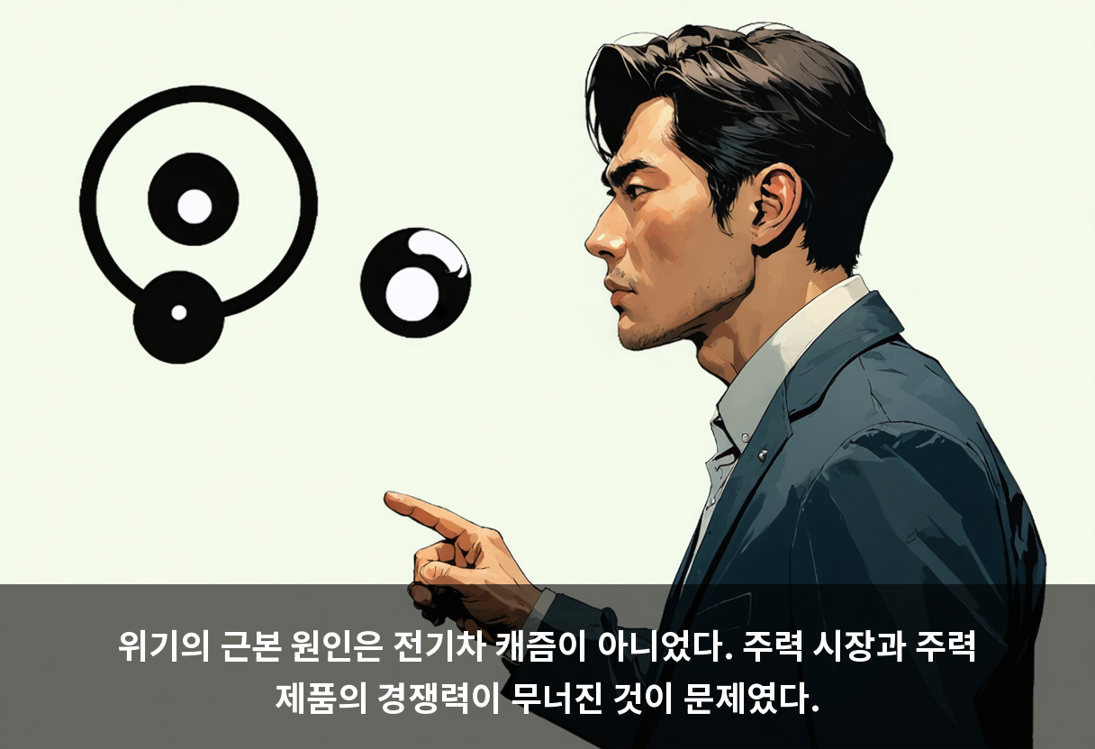 위기의 근본 원인은 전기차 캐즘이 아니었다. 주력 시장과 주력 제품의 경쟁력이 무너진 것이 문제였다.