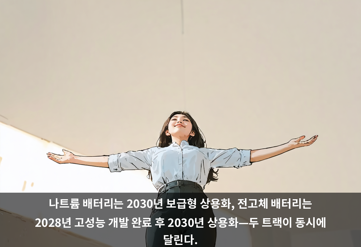 나트륨 배터리는 2030년 보급형 상용화, 전고체 배터리는 2028년 고성능 개발 완료 후 2030년 상용화—두 트랙이 동시에 달린다.