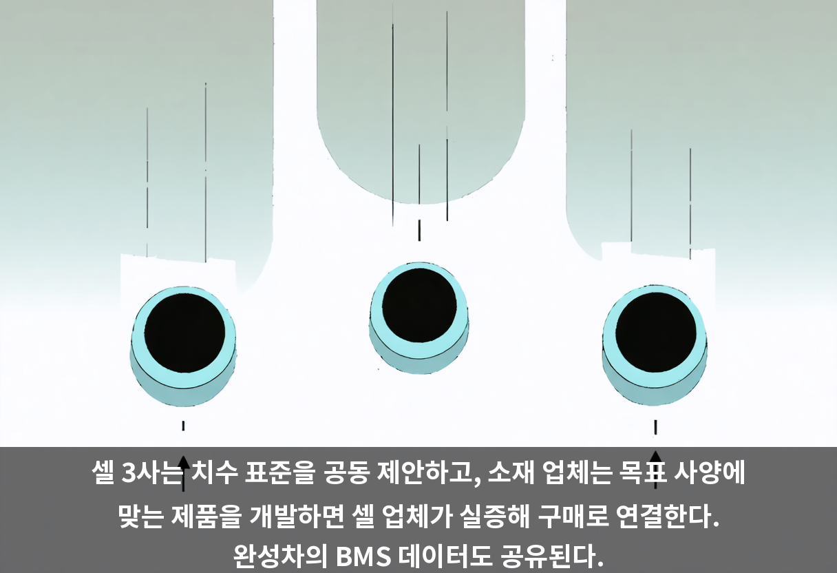 셀 3사는 치수 표준을 공동 제안하고, 소재 업체는 목표 사양에 맞는 제품을 개발하면 셀 업체가 실증해 구매로 연결한다. 완성차의 BMS 데이터도 공유된다.