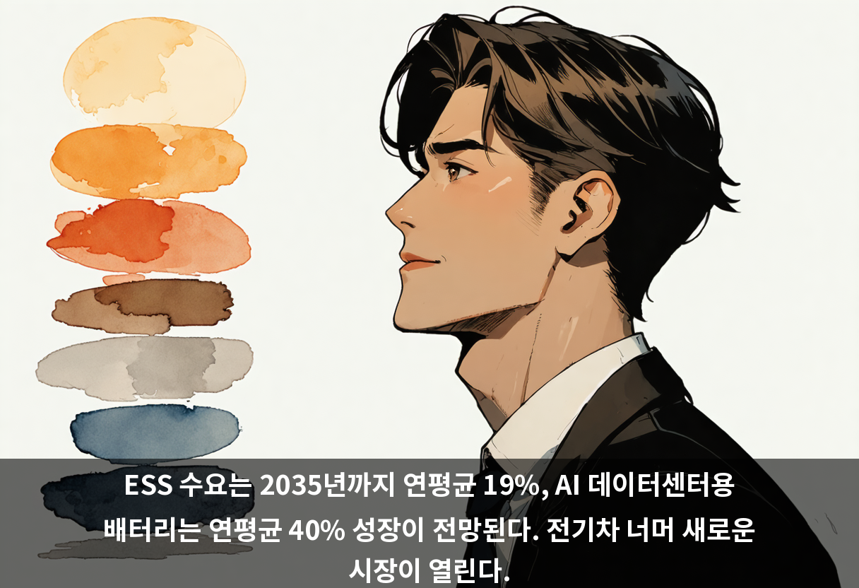 ESS 수요는 2035년까지 연평균 19%, AI 데이터센터용 배터리는 연평균 40% 성장이 전망된다. 전기차 너머 새로운 시장이 열린다.
