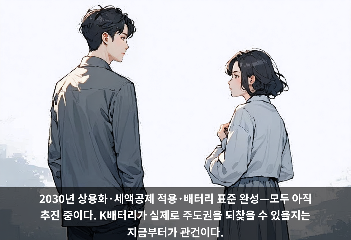 2030년 상용화·세액공제 적용·배터리 표준 완성—모두 아직 추진 중이다. K배터리가 실제로 주도권을 되찾을 수 있을지는 지금부터가 관건이다.
