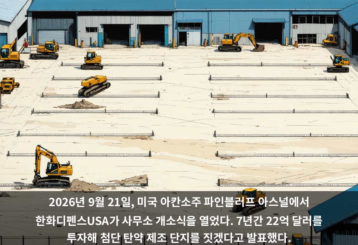 2026년 9월 21일, 미국 아칸소주 파인블러프 아스널에서 한화디펜스USA가 사무소 개소식을 열었다. 7년간 22억 달러를 투자해 첨단 탄약 제조 단지를 짓겠다고 발표했다.