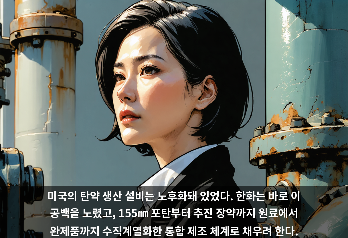 미국의 탄약 생산 설비는 노후화돼 있었다. 한화는 바로 이 공백을 노렸고, 155㎜ 포탄부터 추진 장약까지 원료에서 완제품까지 수직계열화한 통합 제조 체계로 채우려 한다.