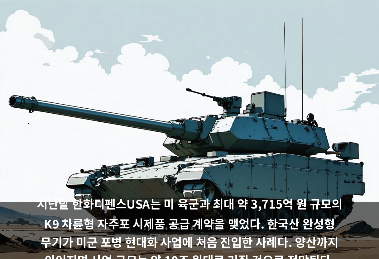 지난달 한화디펜스USA는 미 육군과 최대 약 3,715억 원 규모의 K9 차륜형 자주포 시제품 공급 계약을 맺었다. 한국산 완성형 무기가 미군 포병 현대화 사업에 처음 진입한 사례다. 양산까지 이어지면 사업 규모는 약 10조 원대로 커질 것으로 전망된다.