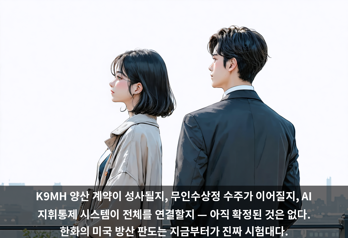 K9MH 양산 계약이 성사될지, 무인수상정 수주가 이어질지, AI 지휘통제 시스템이 전체를 연결할지 — 아직 확정된 것은 없다. 한화의 미국 방산 판도는 지금부터가 진짜 시험대다.