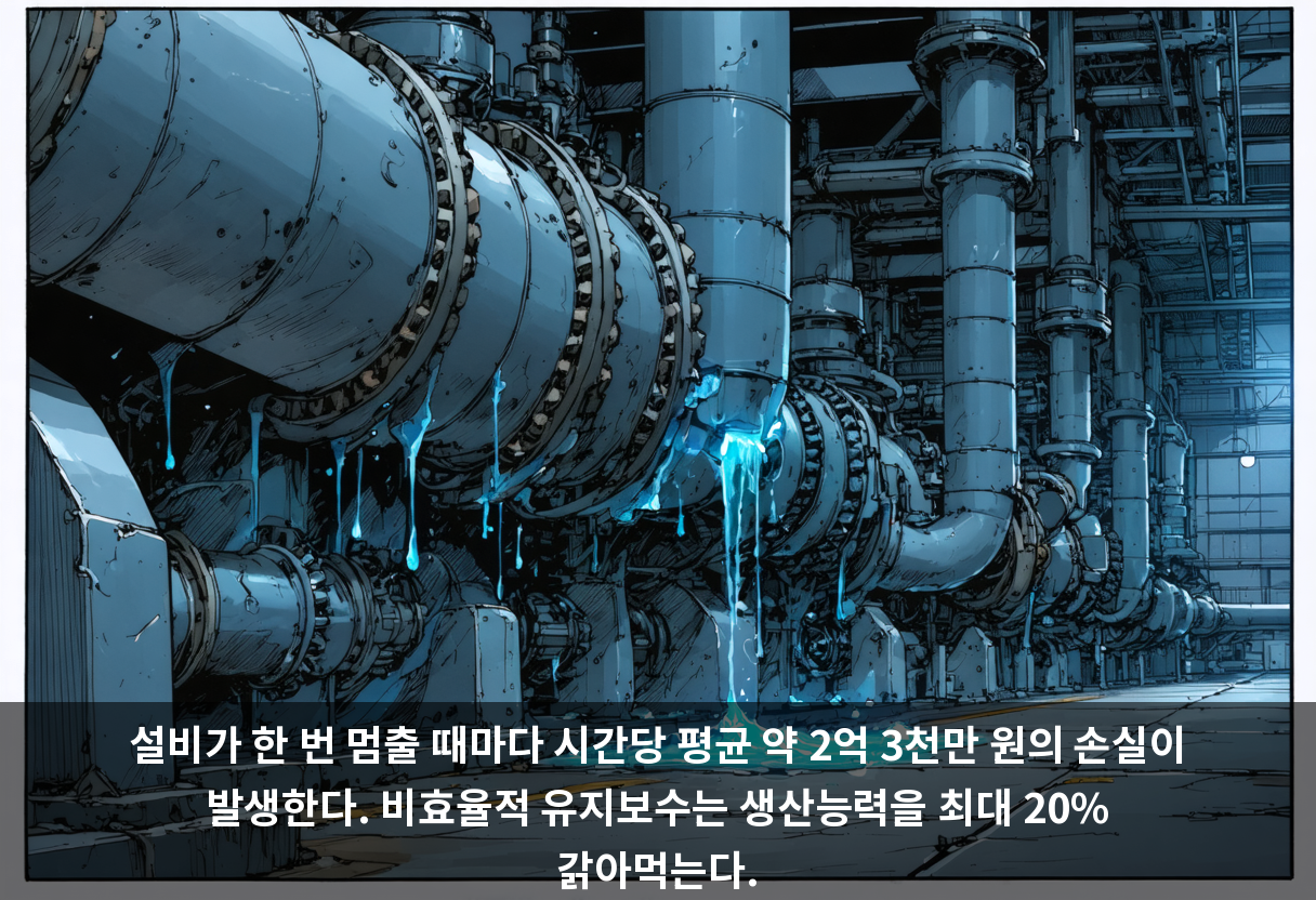 설비가 한 번 멈출 때마다 시간당 평균 약 2억 3천만 원의 손실이 발생한다. 비효율적 유지보수는 생산능력을 최대 20% 갉아먹는다.