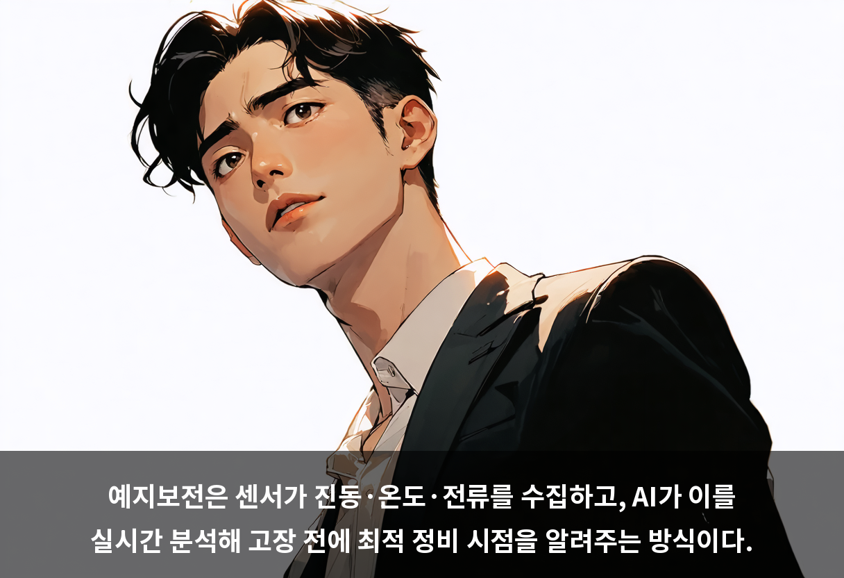 예지보전은 센서가 진동·온도·전류를 수집하고, AI가 이를 실시간 분석해 고장 전에 최적 정비 시점을 알려주는 방식이다.