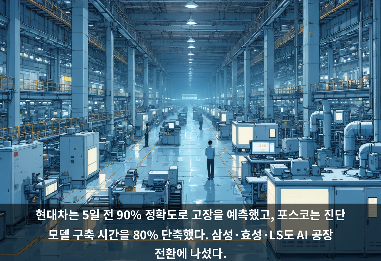 현대차는 5일 전 90% 정확도로 고장을 예측했고, 포스코는 진단 모델 구축 시간을 80% 단축했다. 삼성·효성·LS도 AI 공장 전환에 나섰다.