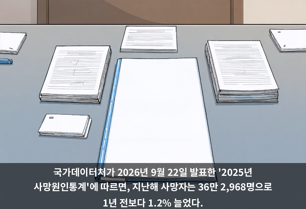 국가데이터처가 2026년 9월 22일 발표한 '2025년 사망원인통계'에 따르면, 지난해 사망자는 36만 2,968명으로 1년 전보다 1.2% 늘었다.