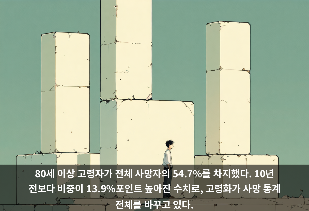 80세 이상 고령자가 전체 사망자의 54.7%를 차지했다. 10년 전보다 비중이 13.9%포인트 높아진 수치로, 고령화가 사망 통계 전체를 바꾸고 있다.