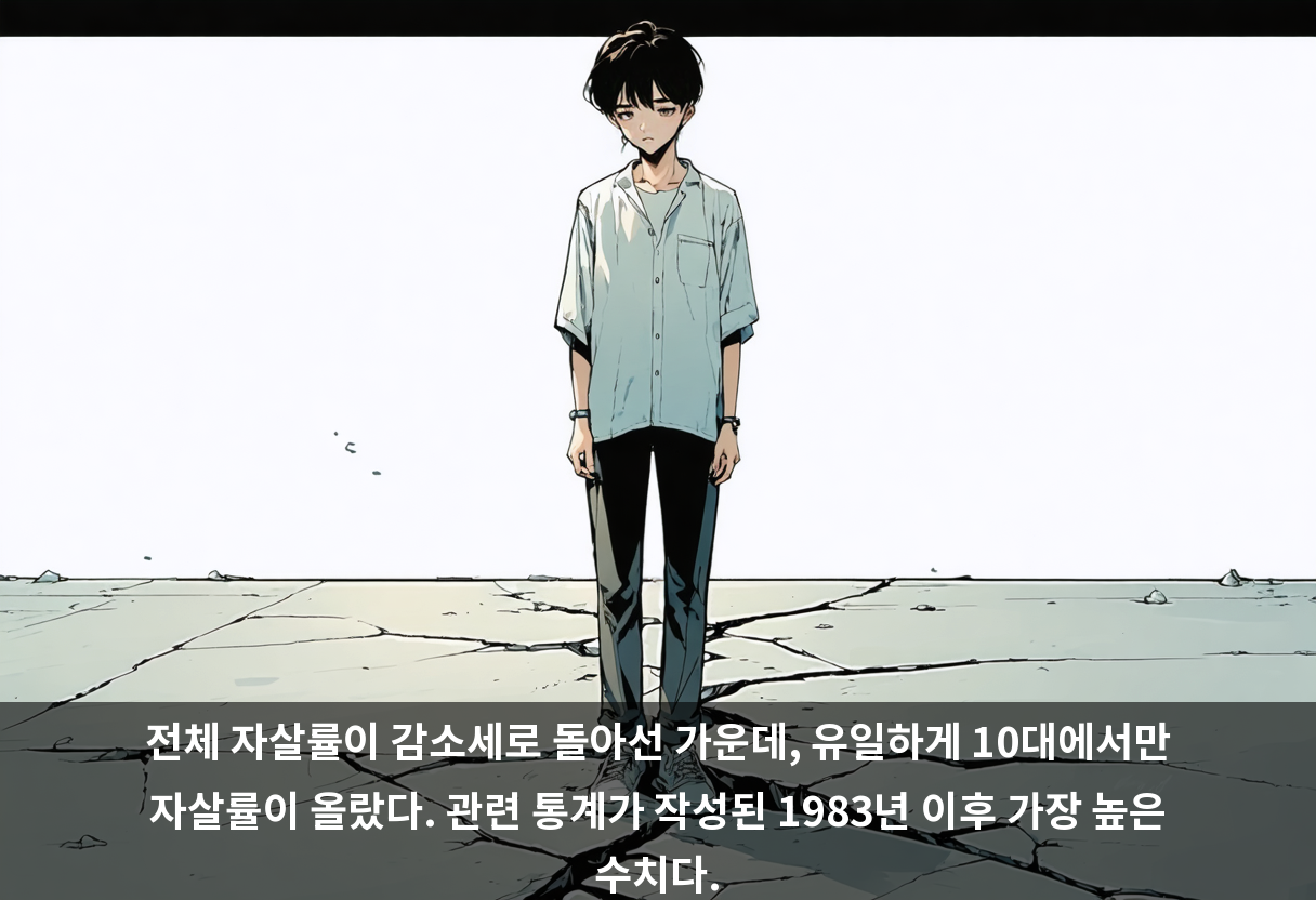 전체 자살률이 감소세로 돌아선 가운데, 유일하게 10대에서만 자살률이 올랐다. 관련 통계가 작성된 1983년 이후 가장 높은 수치다.