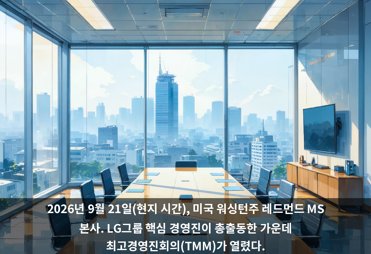 2026년 9월 21일(현지 시간), 미국 워싱턴주 레드먼드 MS 본사. LG그룹 핵심 경영진이 총출동한 가운데 최고경영진회의(TMM)가 열렸다.